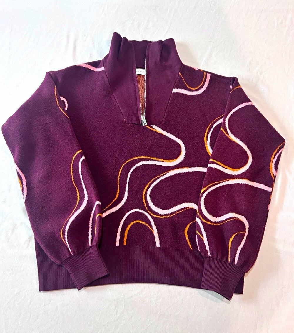Nine West Women’s XS Abstract Burgundy 1/4 Zip Mock Neck Long Sleeve Sweater